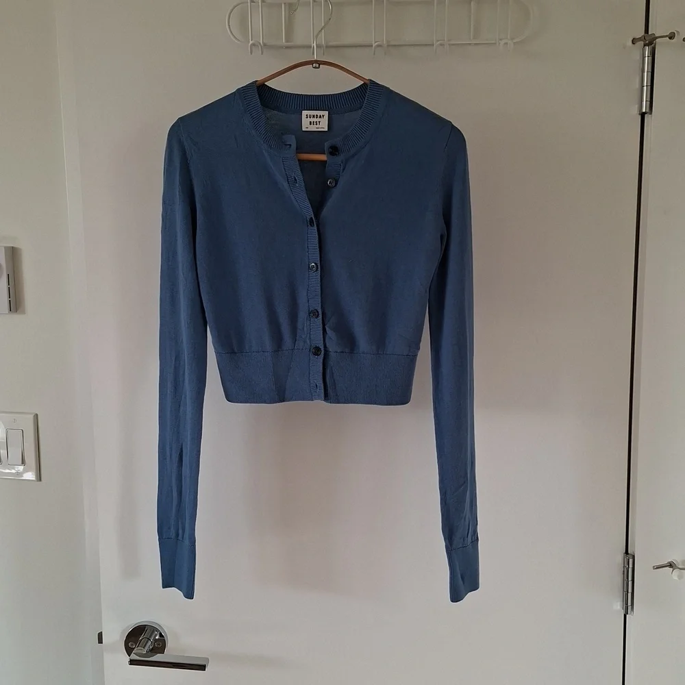 Sunday Best Sky/Cornflower Blue Silk, Cotton & Cashmere Cardigan (Size XXS) - Picture 3 of 7